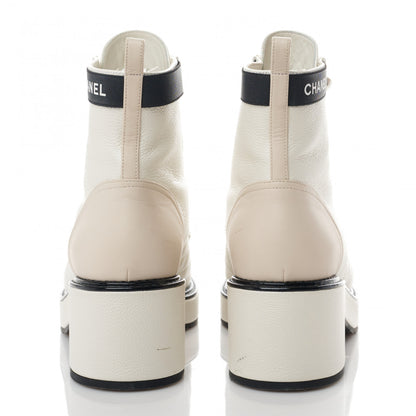 Chanel Pearly Calfskin Patent Calfskin Quilted Lace Up Boots 39.5 White Light Gray Black 4 of 11