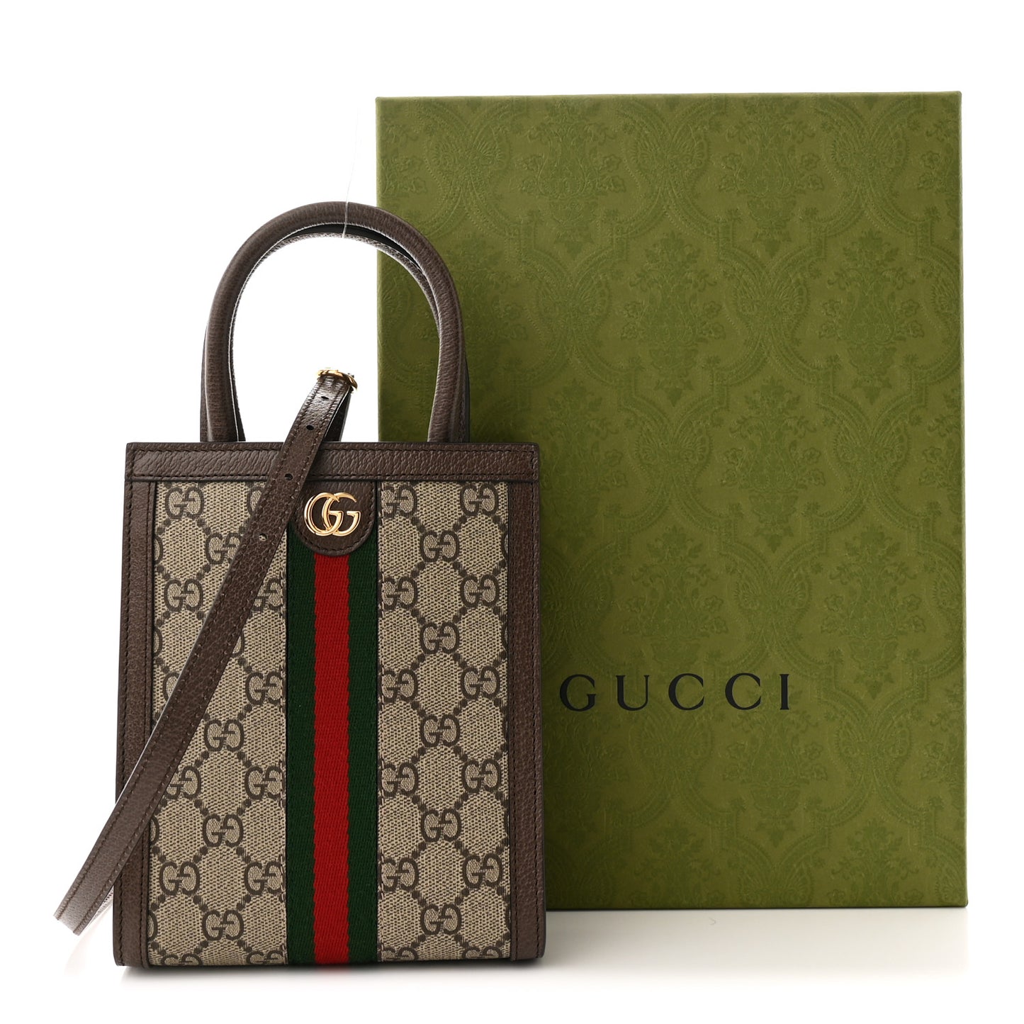 GG Supreme Monogram Textured Dollar Calfskin Web Super Mini Ophidia Mini Tote Bag Beige Ebony New Acero
