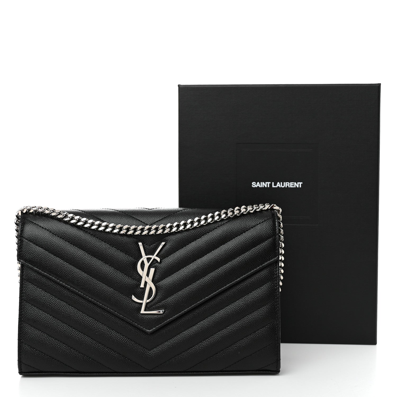 Saint Laurent Grain De Poudre Matelasse Chevron Monogram Chain Wallet Black 10 of 10