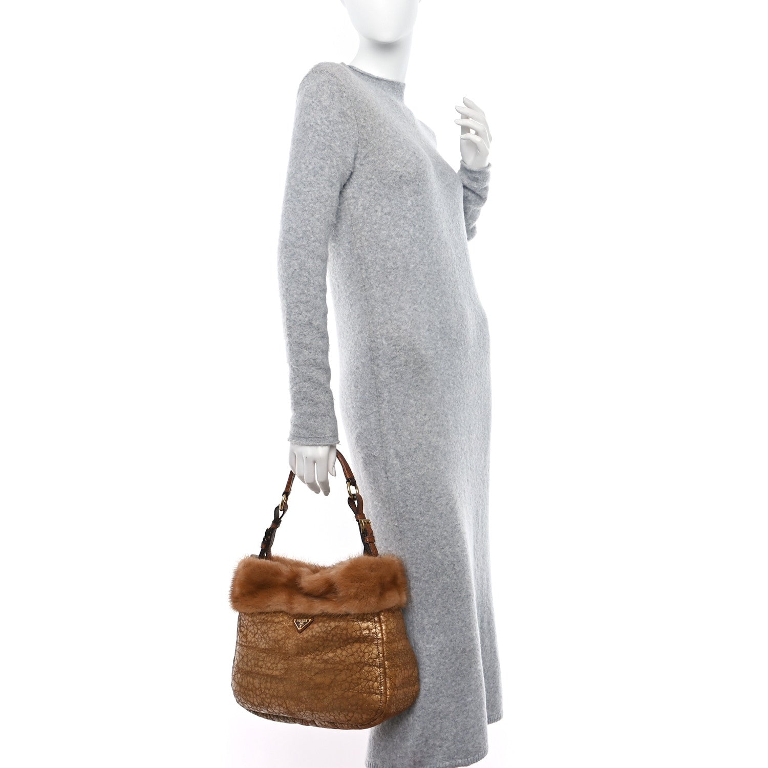 Prada Metallic Suede Mink Shearling Crocodile Embossed Tote Gold 2 of 10