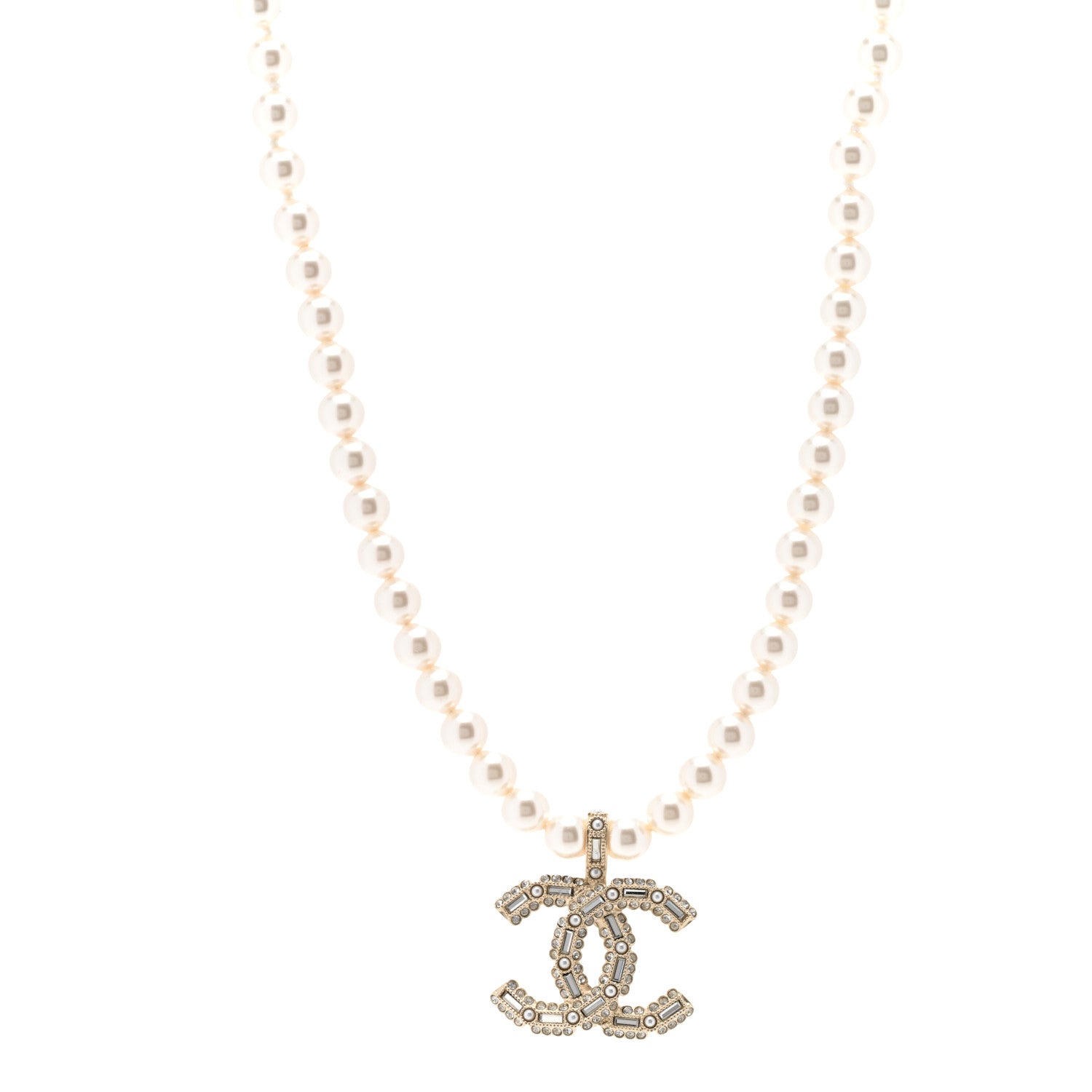 Chanel Pearl Crystal Baguette CC Short Necklace Gold 1 of 5