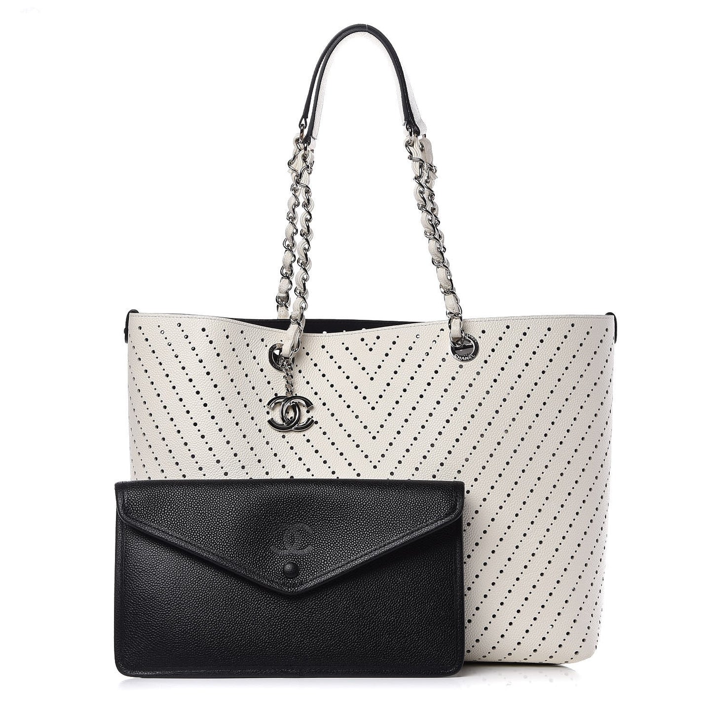 Perforated Grained Calfskin Large Shopping Tote White