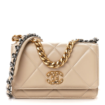 Chanel Lambskin Quilted Chanel 19 Wallet On Chain WOC Beige 1 of 12