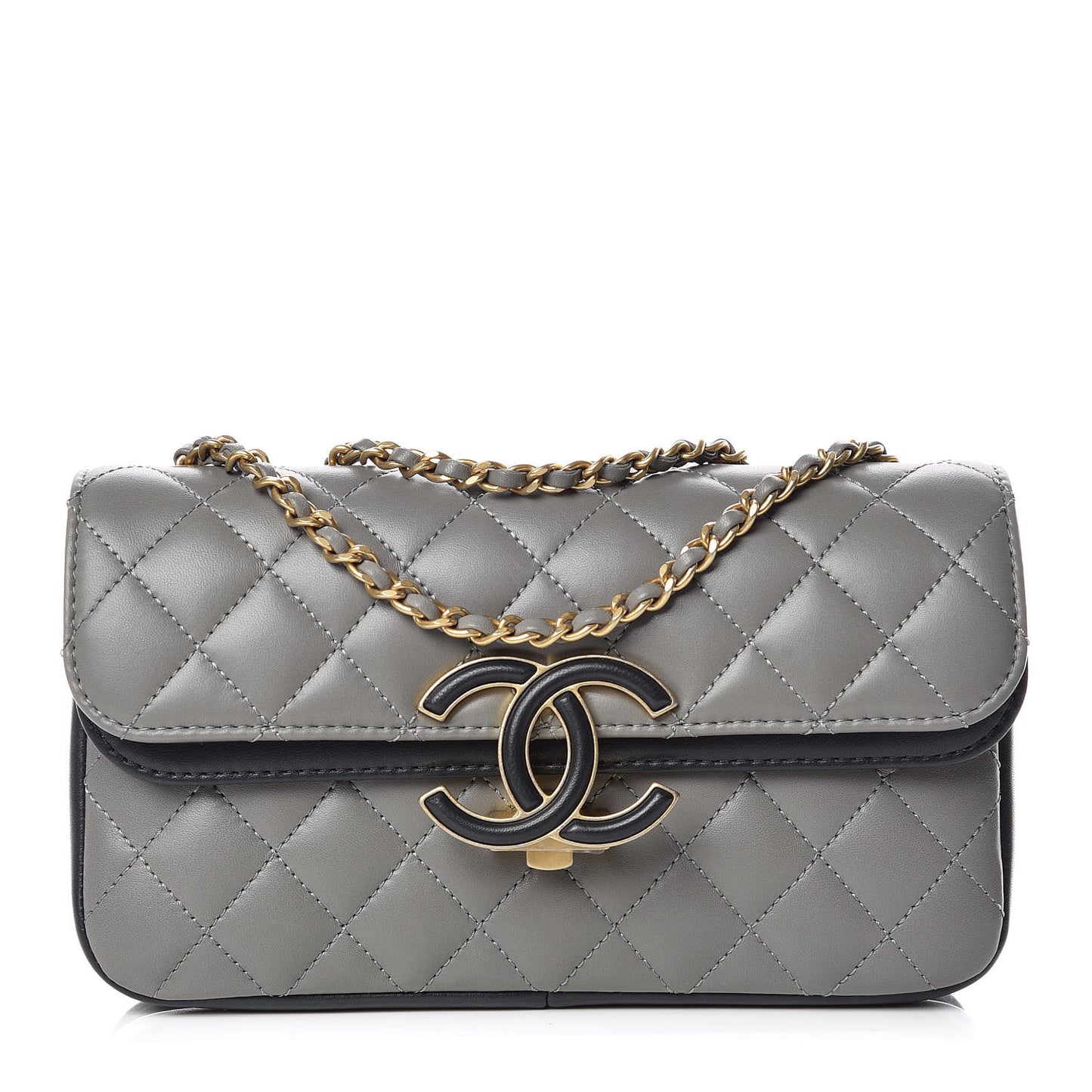 Lambskin Quilted Small Enamel CC Flap Grey Dark Navy