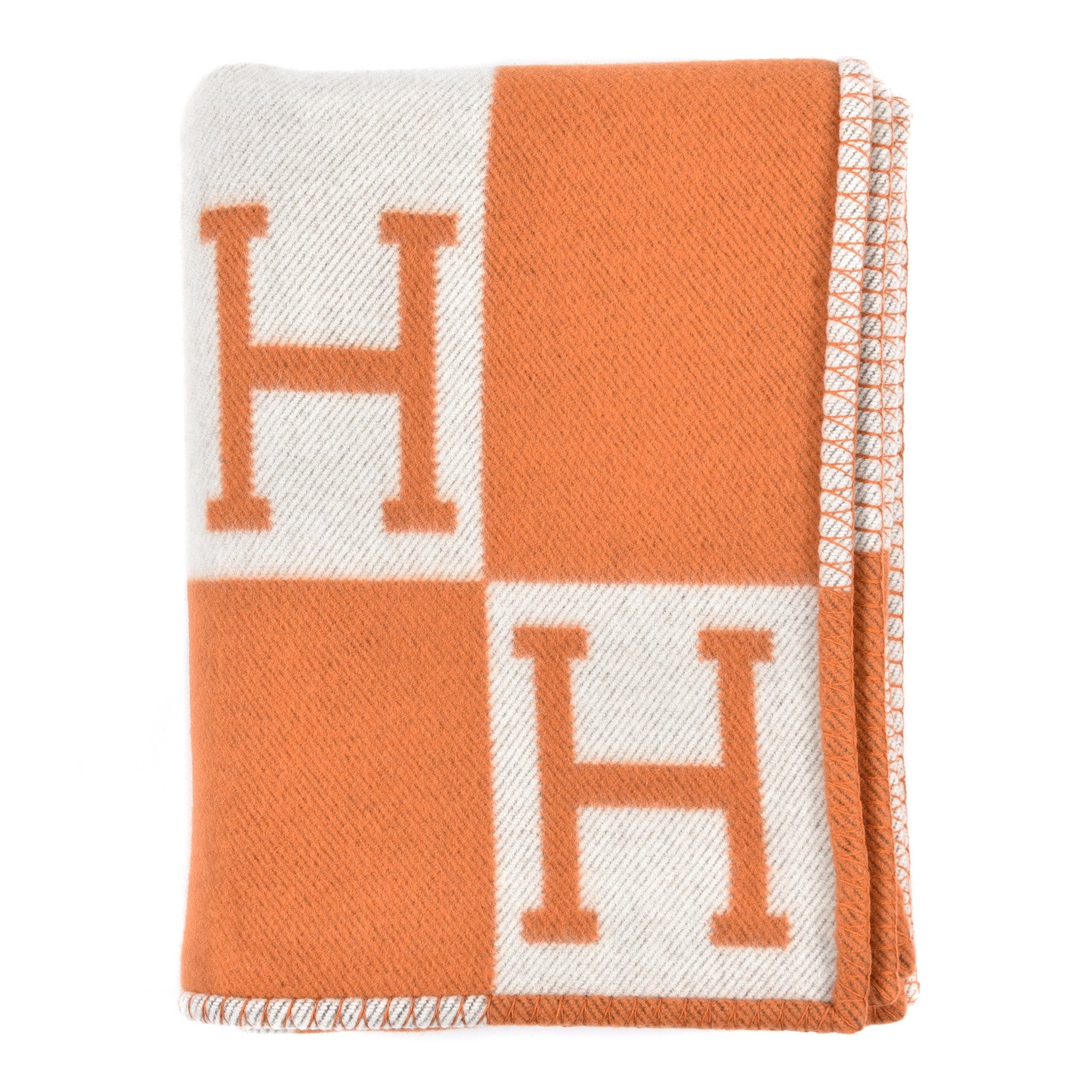Hermes Wool Cashmere Signature Classic Avalon Blanket Ecru Potiron 1 of 3