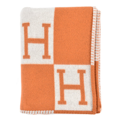 Hermes Wool Cashmere Signature Classic Avalon Blanket Ecru Potiron 1 of 3