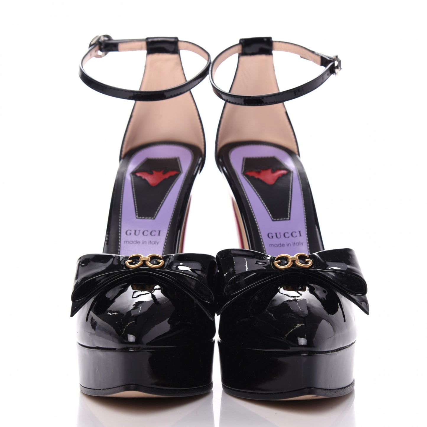 Patent Crystal GG Bow Sadie Spike Ankle Strap d'Orsay Platform High Heel Pumps 35.5 Black