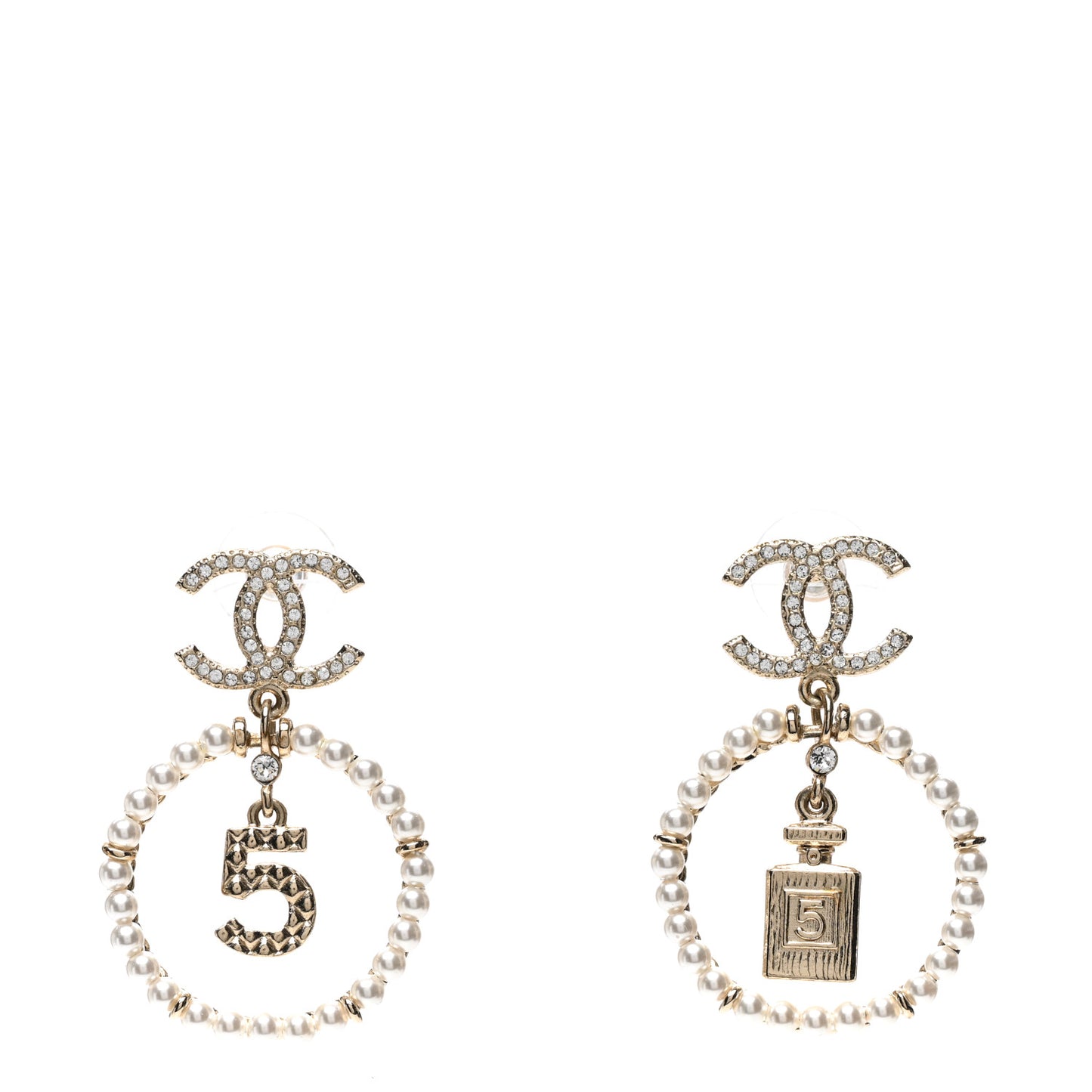 Crystal Pearl Chanel Charms CC Drop Earrings Gold