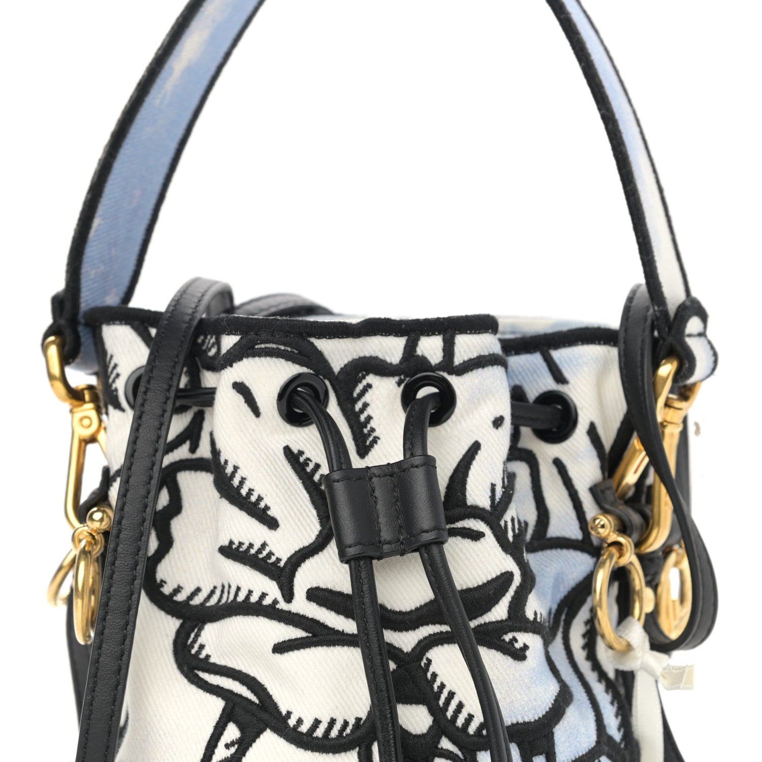 Fendi X JOSHUA VIDES Fabric Flower Clouds Embroidered Mini Mon Tresor Bucket Bag White Celeste Black 8 of 13
