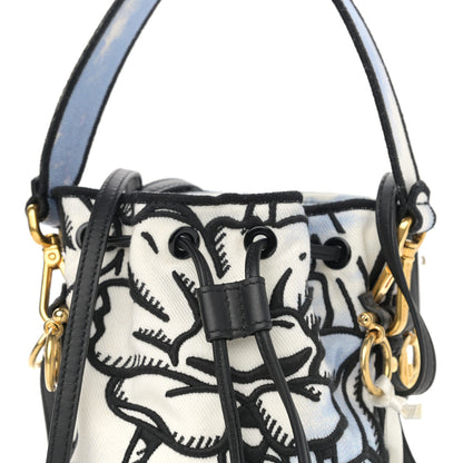 Fendi X JOSHUA VIDES Fabric Flower Clouds Embroidered Mini Mon Tresor Bucket Bag White Celeste Black 8 of 13