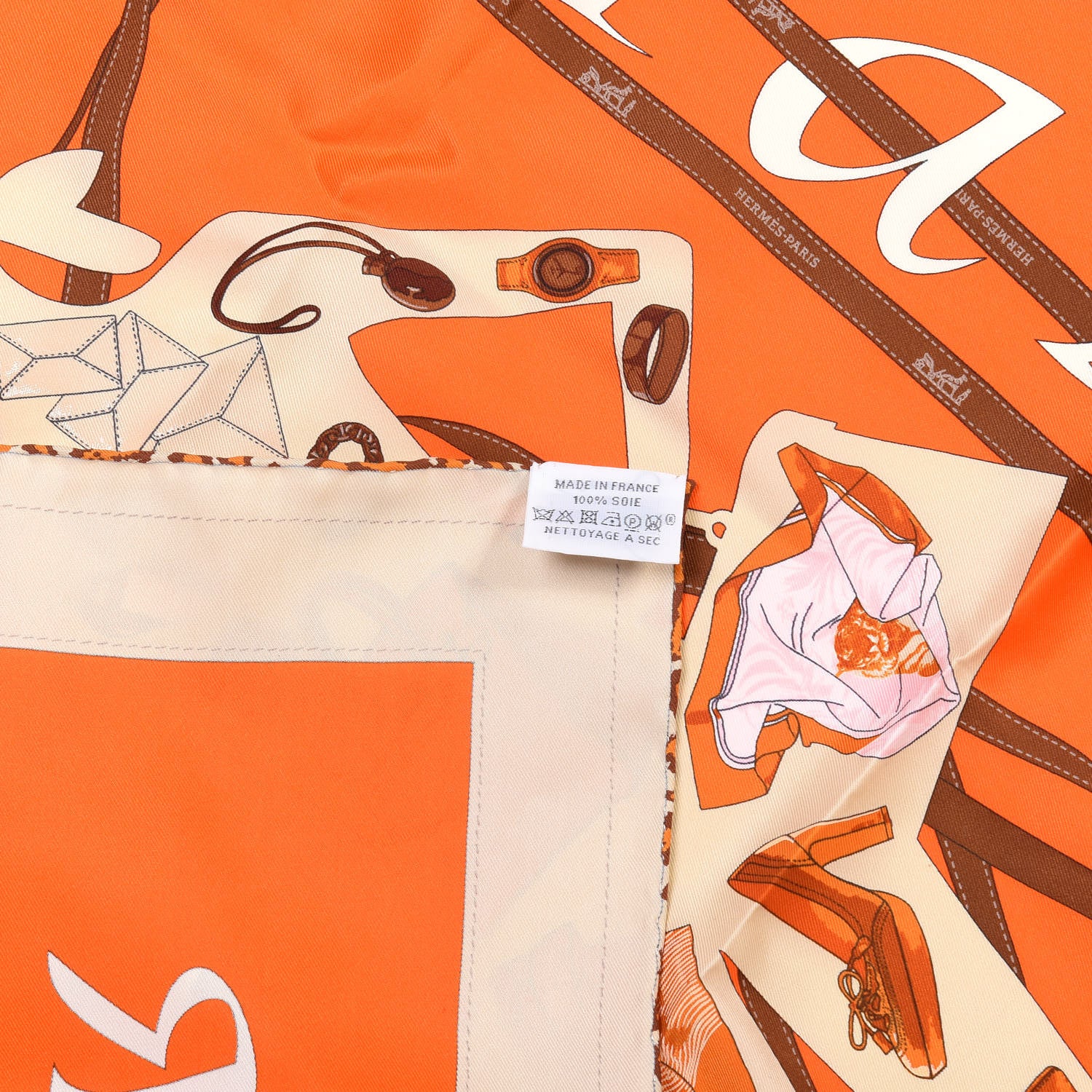 Hermes Vintage Silk Monsieur Et Madame Scarf 70 Creme Orange Marron 3 of 4