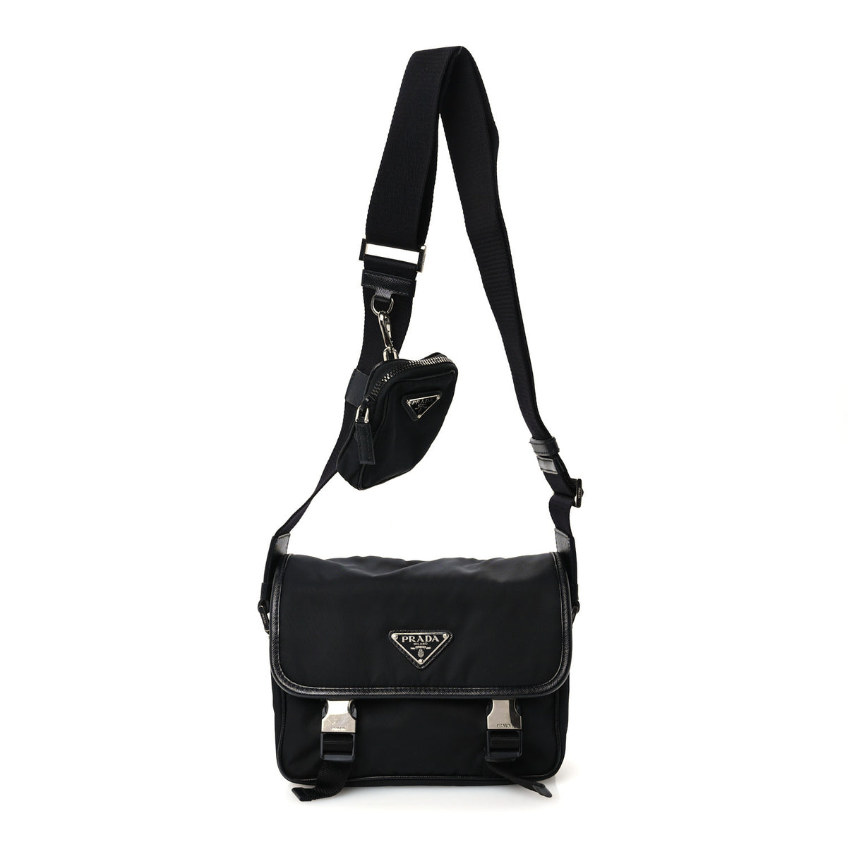 Re-Nylon Saffiano Pocket Double Snap Buckle Shoulder Bag Black