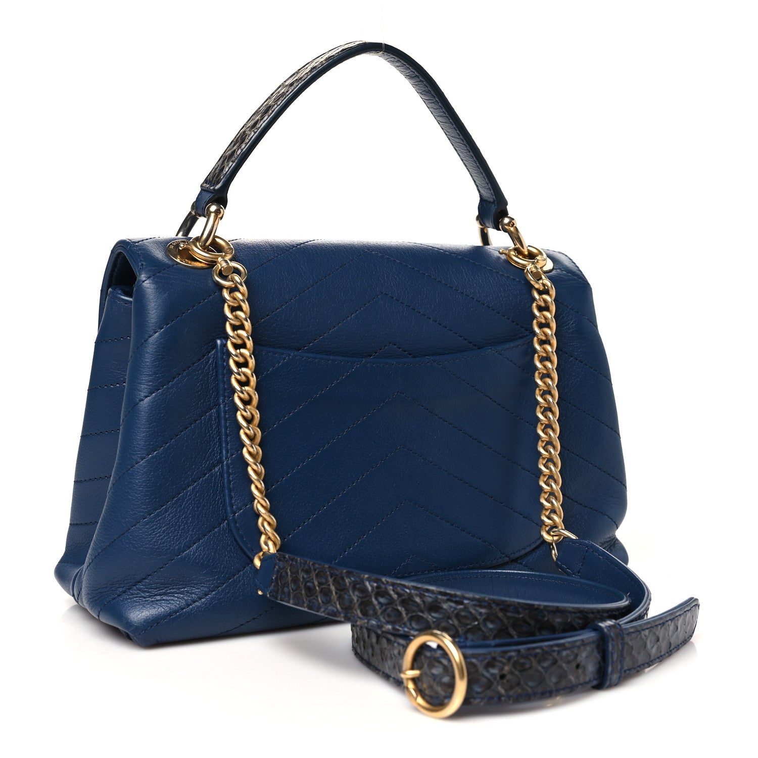 Chanel Grained Calfskin Snakeskin Small Chevron Chic Top Handle Flap Blue 3 of 11