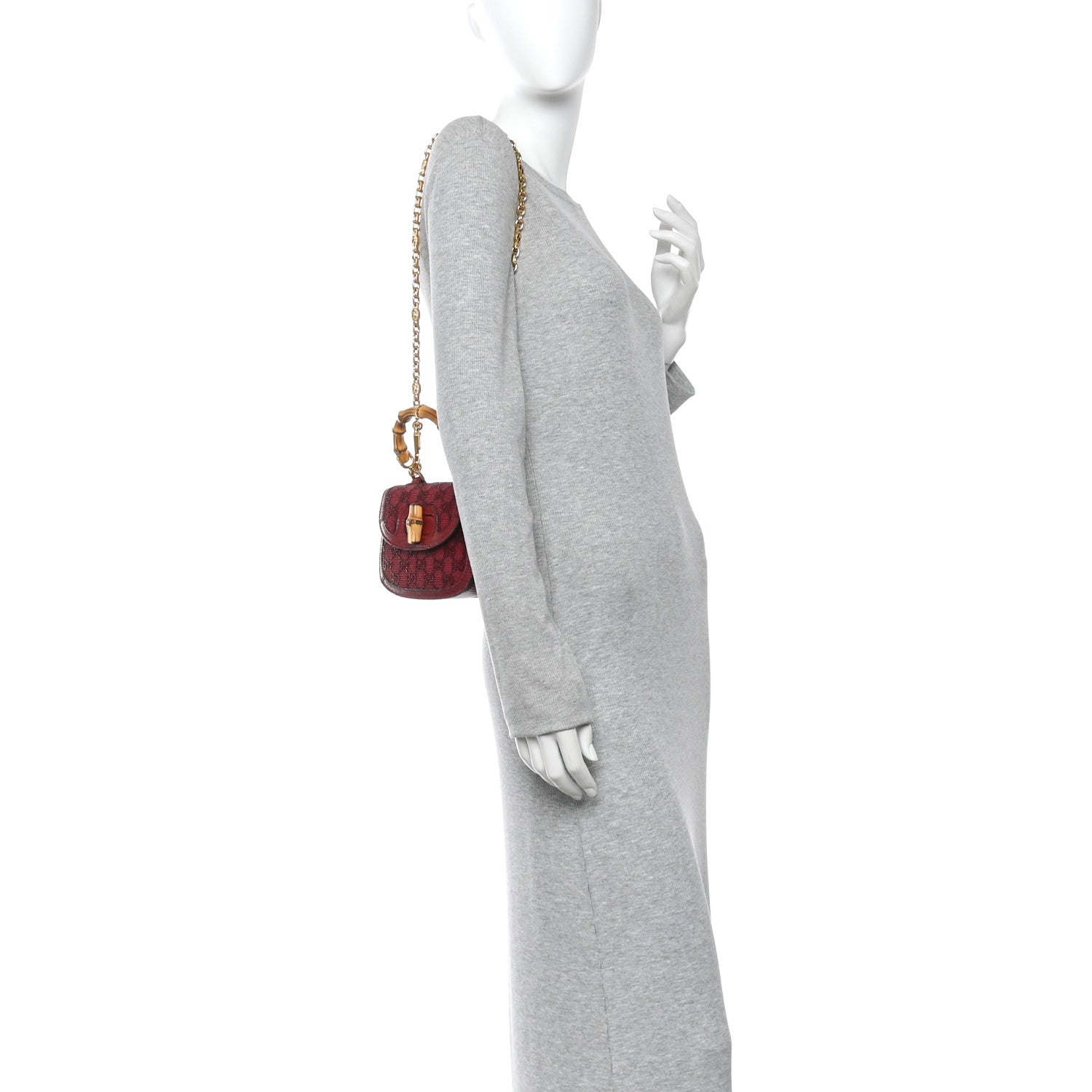 Gucci Moire Fabric Calfskin Rhinestone Monogram Monochrome Lizard Embossed Mini Bamboo 1947 Top Handle Chain Bag Red 2 of 9
