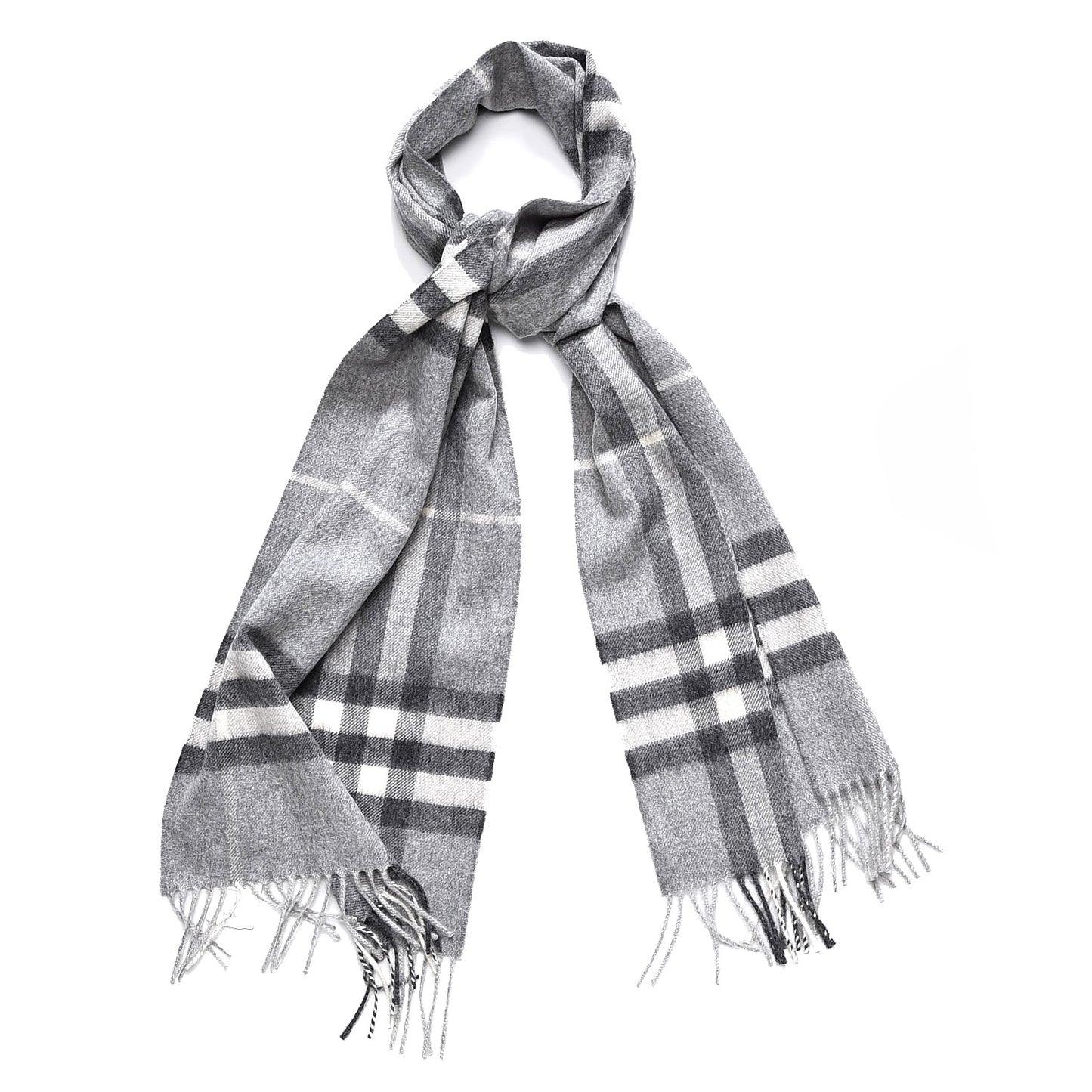 Cashmere Giant Check Fringe Scarf Pale Grey