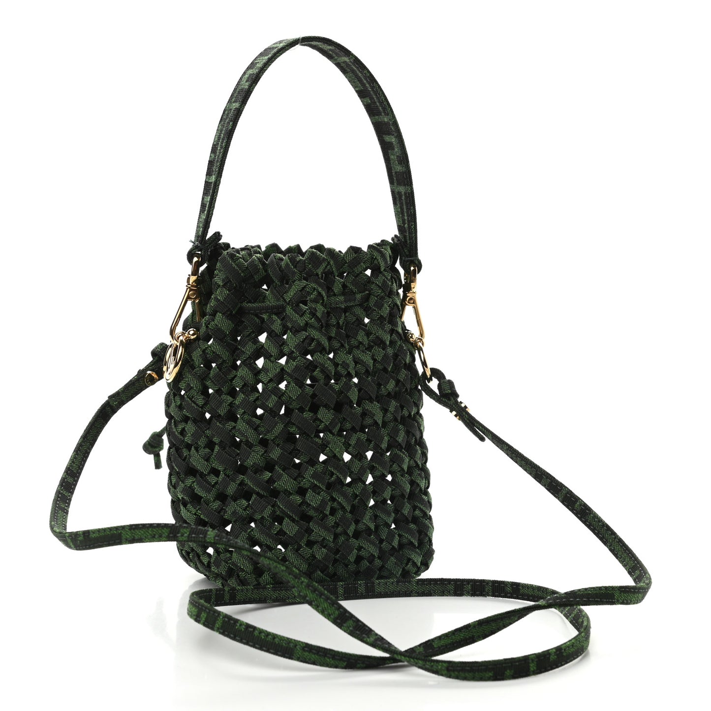 Fabric Jacquard F is Fendi FF 1974 Woven Knotted Mini Mon Tresor Bucket Bag Verde Black