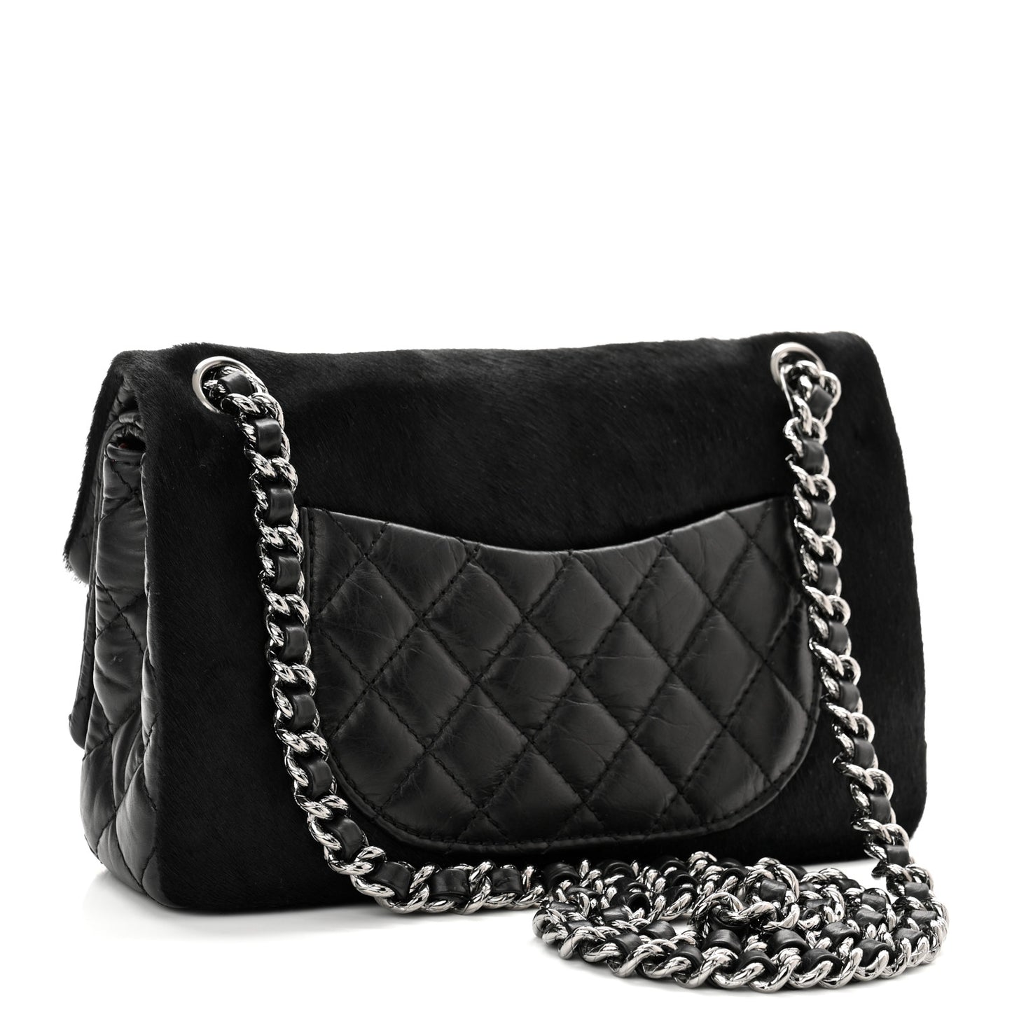 Aged Calfskin Miss Pony Fur Medium Flap Black
