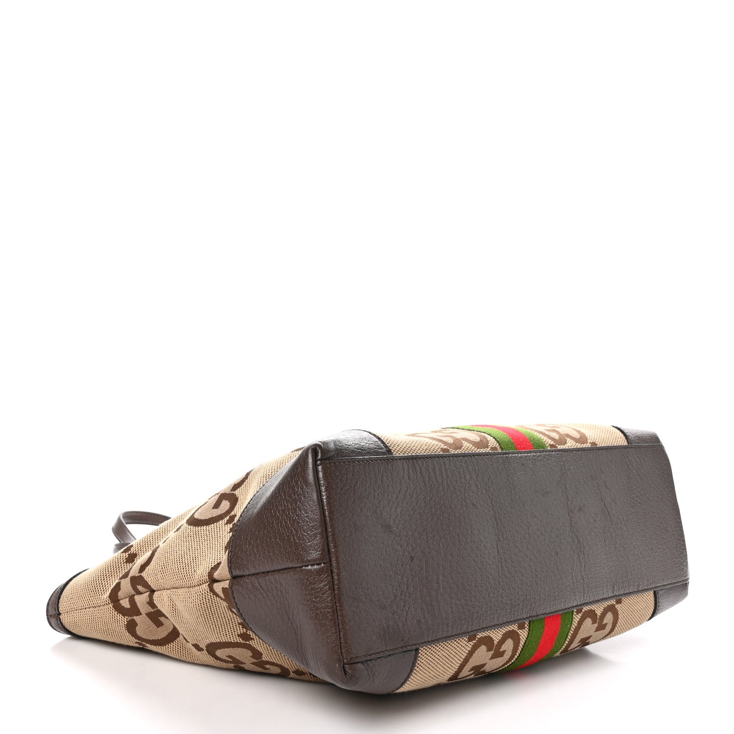 Gucci Monogram Jumbo GG Textured Dollar Calfskin Web Medium Ophidia Shopping Tote Camel Ebony 4 of 10
