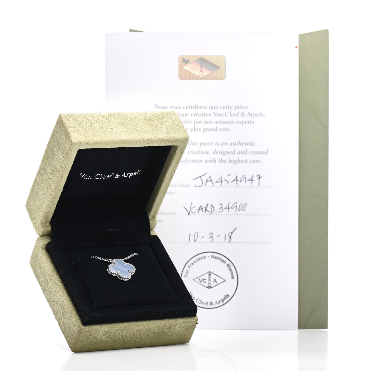 18K White Gold Chalcedony Vintage Alhambra Pendant Necklace