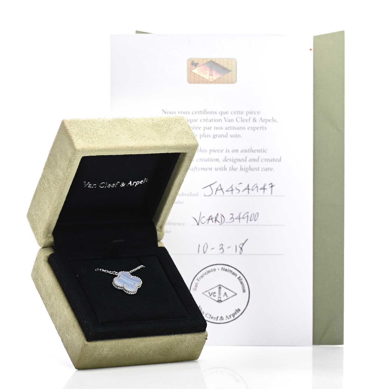Van Cleef & Arpels 18K White Gold Chalcedony Vintage Alhambra Pendant Necklace 6 of 6