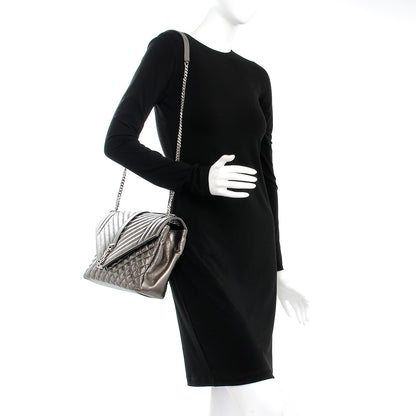 Saint Laurent Metallic   Metallic Calfskin Mixed Matelasse Triquilt Large Monogram Envelope Satchel Graphite 2 of 9