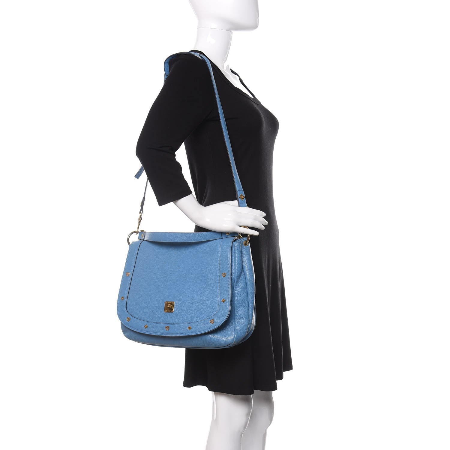 MCM Calfskin Studded Shoulder Bag Blue 2 of 12