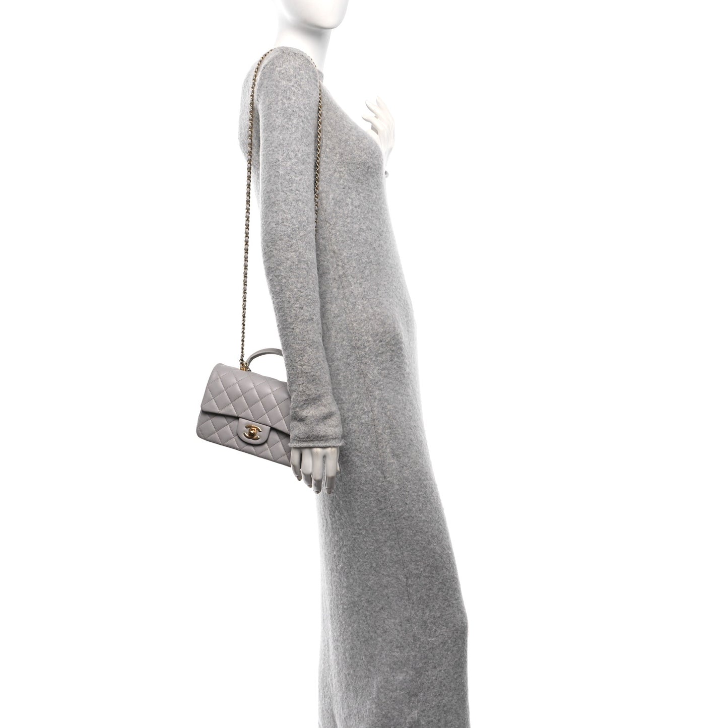Lambskin Quilted Mini Top Handle Rectangular Flap Grey