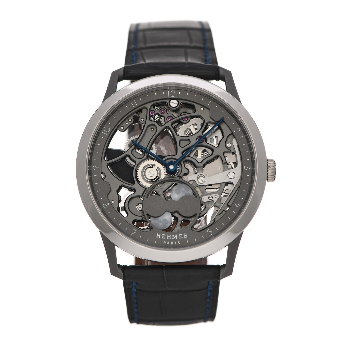Platinum Titanium Alligator 39.5mm Slim d'Hermes Squelette Lune Automatic Watch Graphite