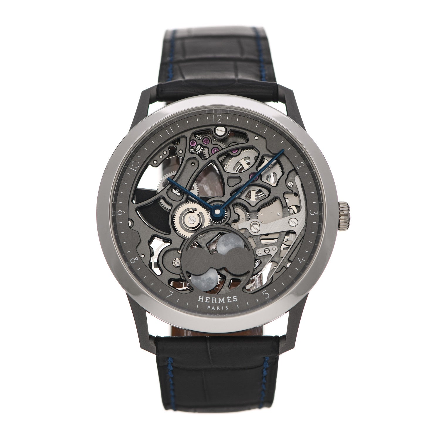 Hermes Platinum Titanium Alligator 39.5mm Slim d'Hermes Squelette Lune Automatic Watch Graphite 1 of 5