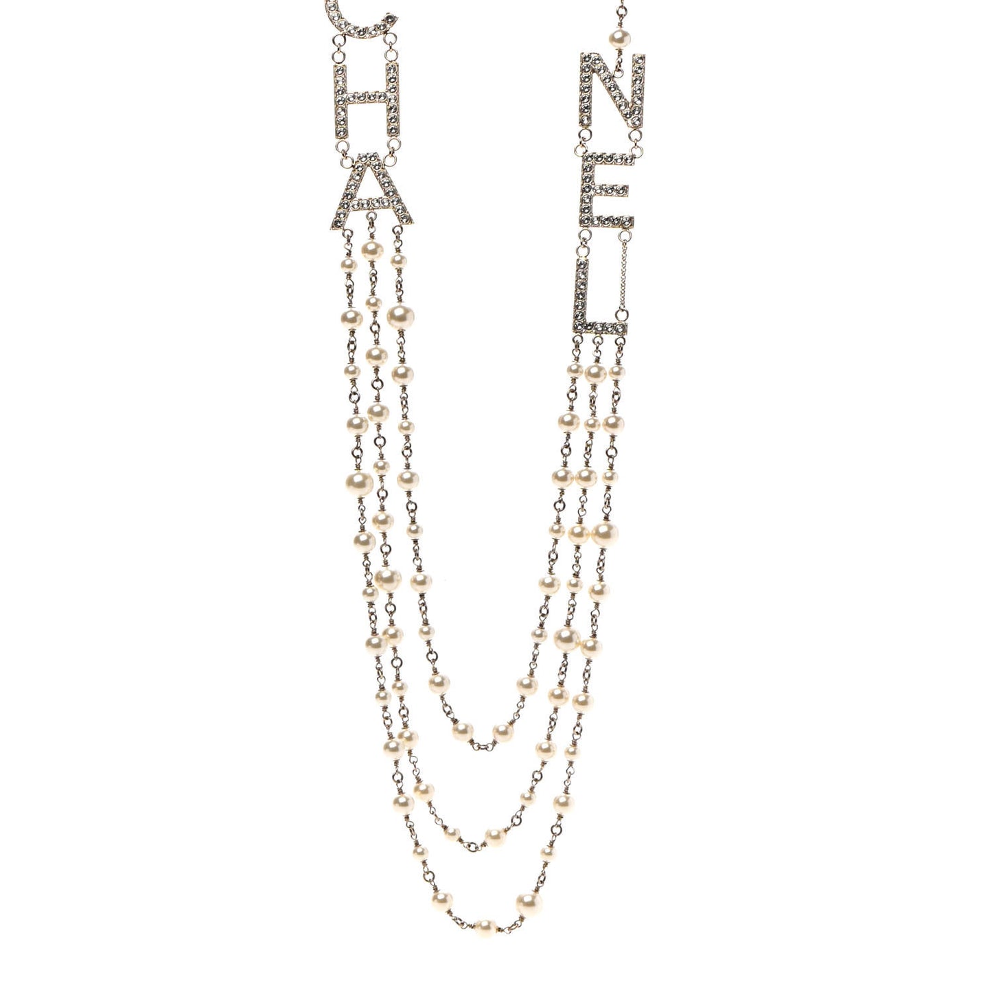 Pearl Crystal Cha-Nel Logo Necklace Gold