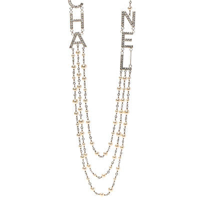 Chanel Pearl Crystal Cha-Nel Logo Necklace Gold 1 of 6