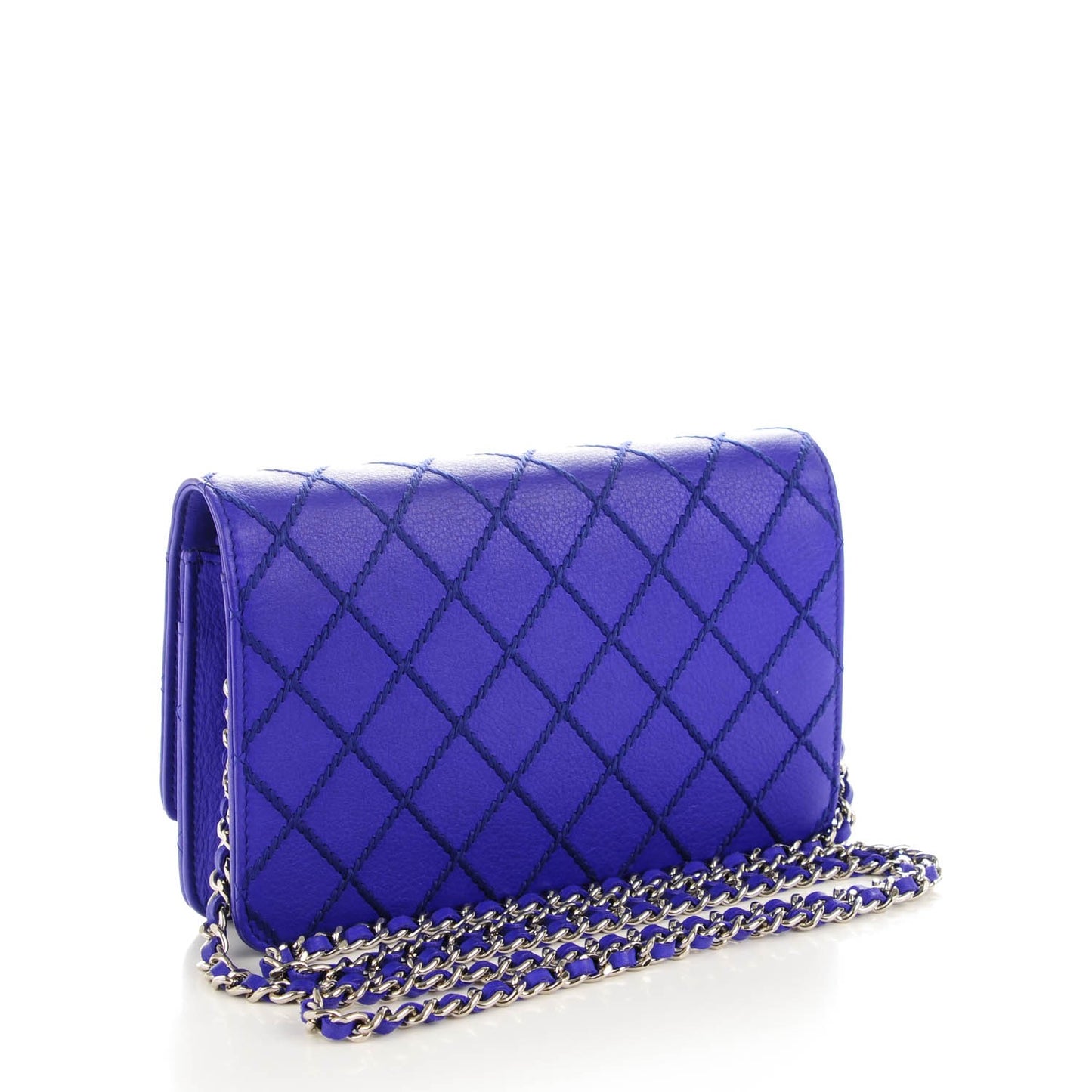 Calfskin Quilted Fancy CC Wallet On Chain WOC Blue