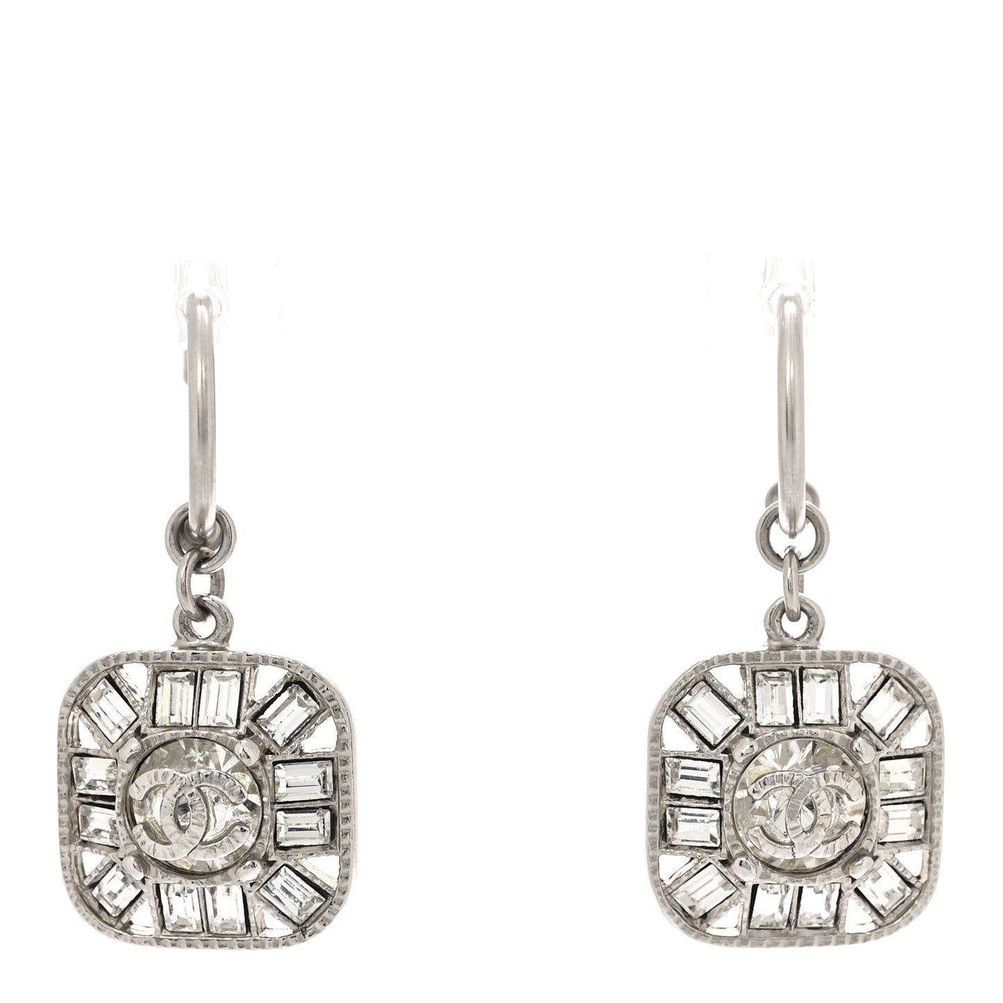 Baguette Crystal CC Shield Drop Earrings Silver