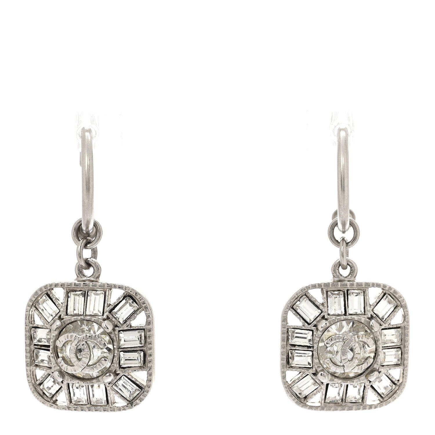 Chanel Baguette Crystal CC Shield Drop Earrings Silver 1 of 4
