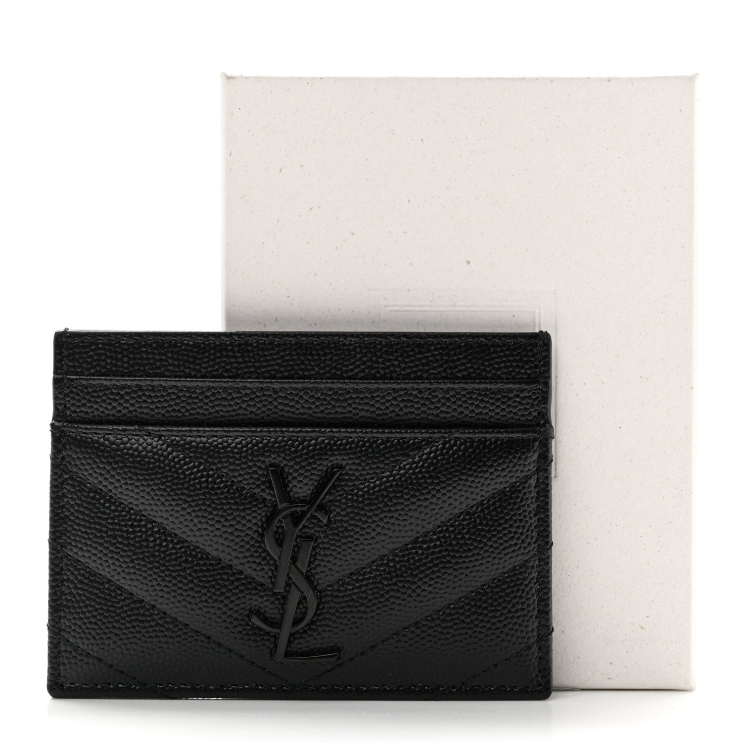 Saint Laurent Grain De Poudre Matelasse Chevron Monochrome Monogram Credit Card Case Black 8 of 8