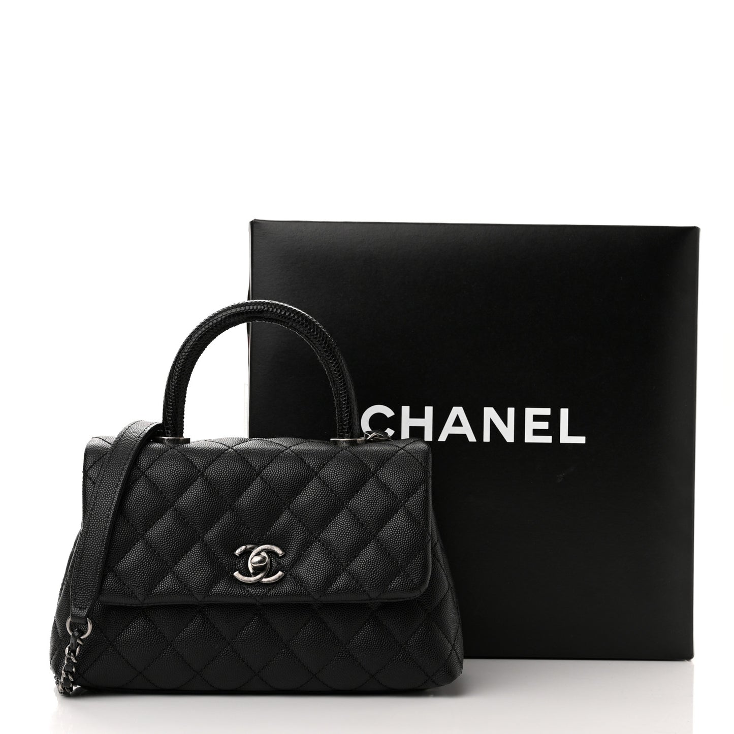 Caviar Lizard Embossed Quilted Mini Coco Handle Flap Black