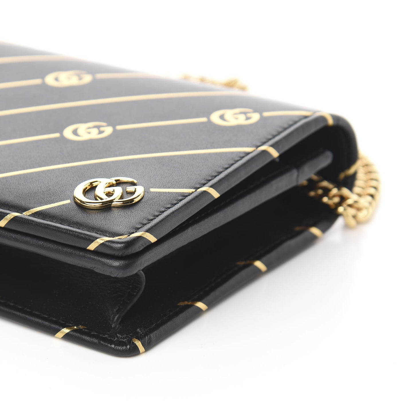 Calfskin Diagonal GG Mini Chain Wallet Black Gold