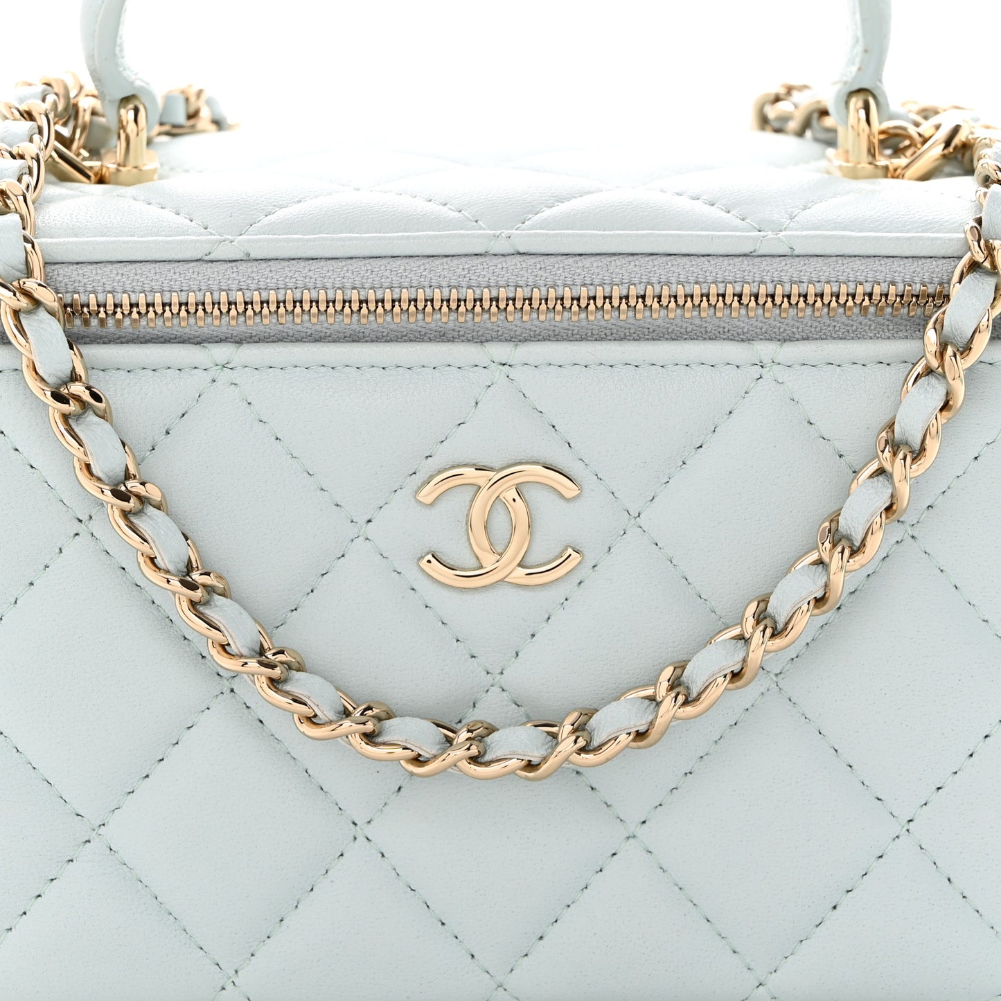 Lambskin Quilted Small Top Handle Vanity Case With Chain Light Blue
