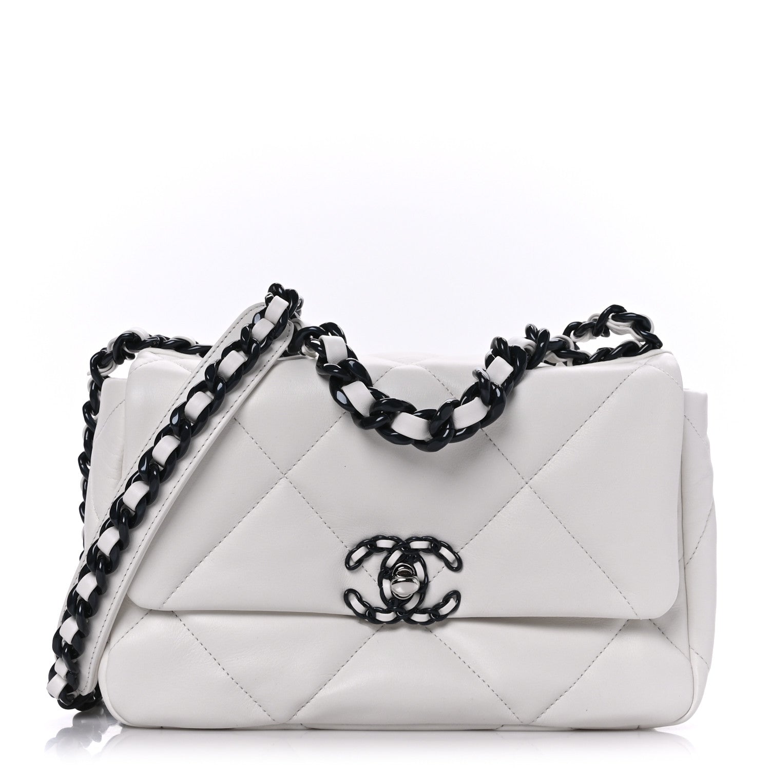 Chanel Glossy Calfskin Quilted Medium Chanel 19 Flap White Black 1 of 9
