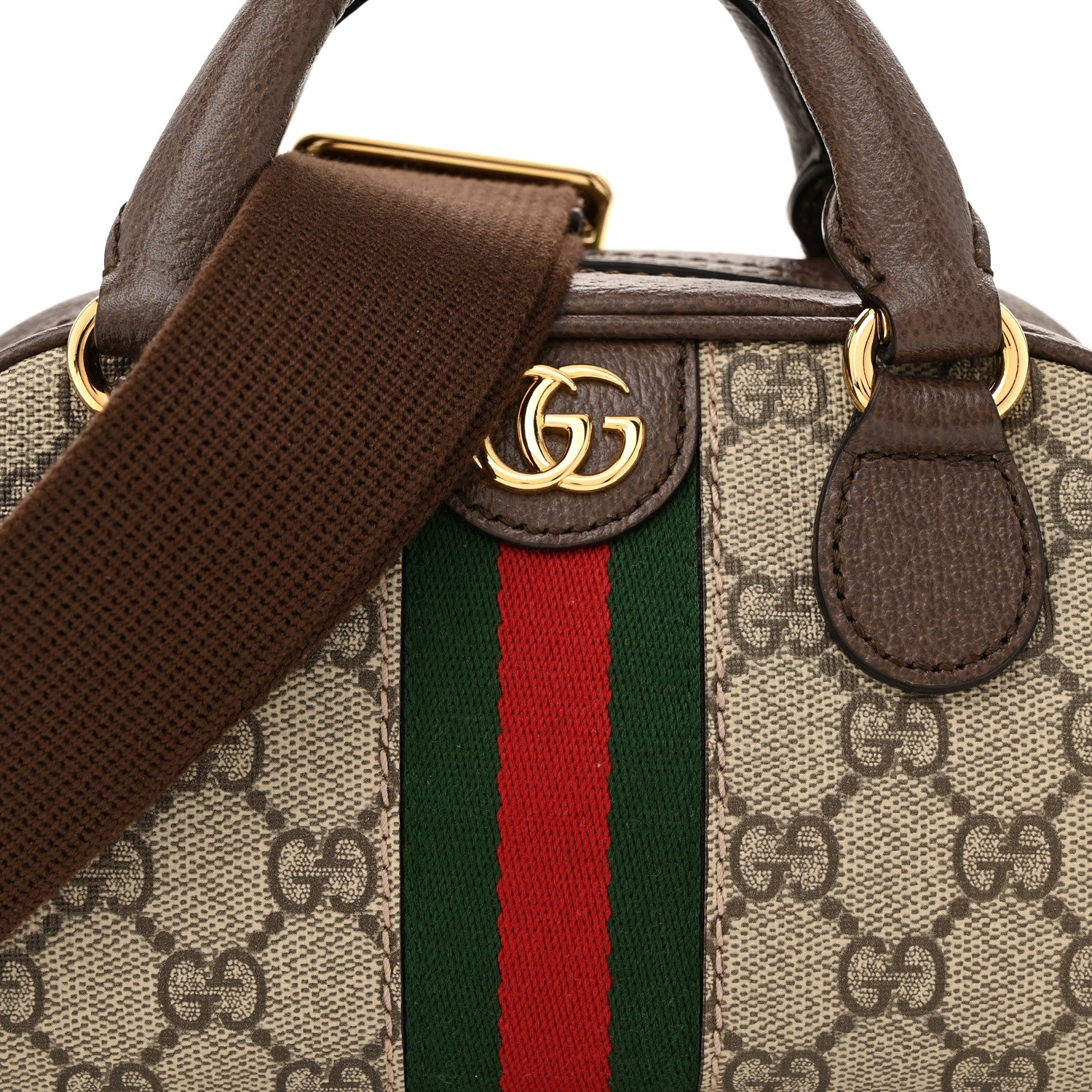 Gucci GG Supreme Monogram Textured Dollar Calfskin Web Mini Ophidia Top Handle Bowler Bag Beige Ebony New Acero 8 of 11