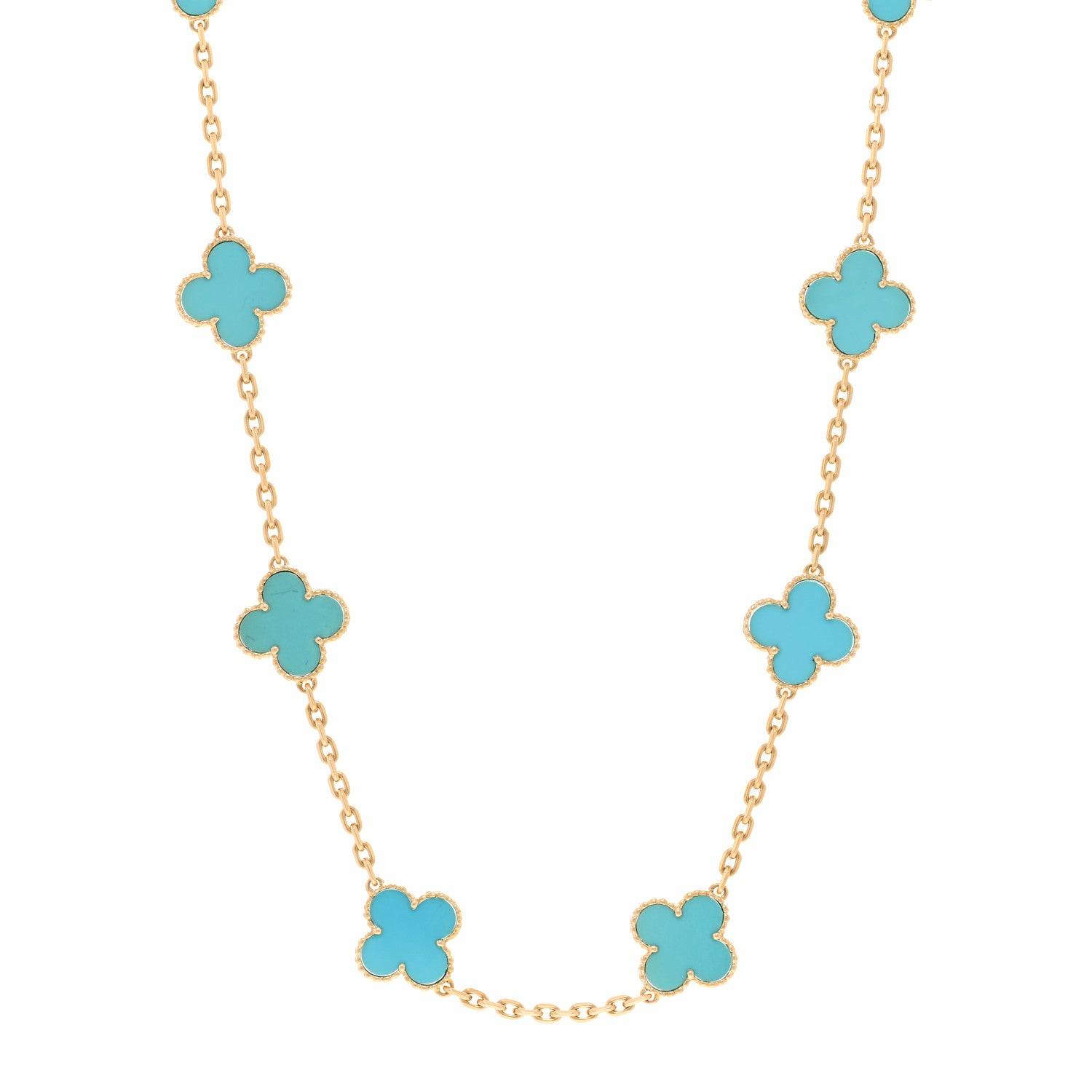 Van Cleef & Arpels 18K Yellow Gold Turquoise 10 Motifs Vintage Alhambra Necklace 2 of 11