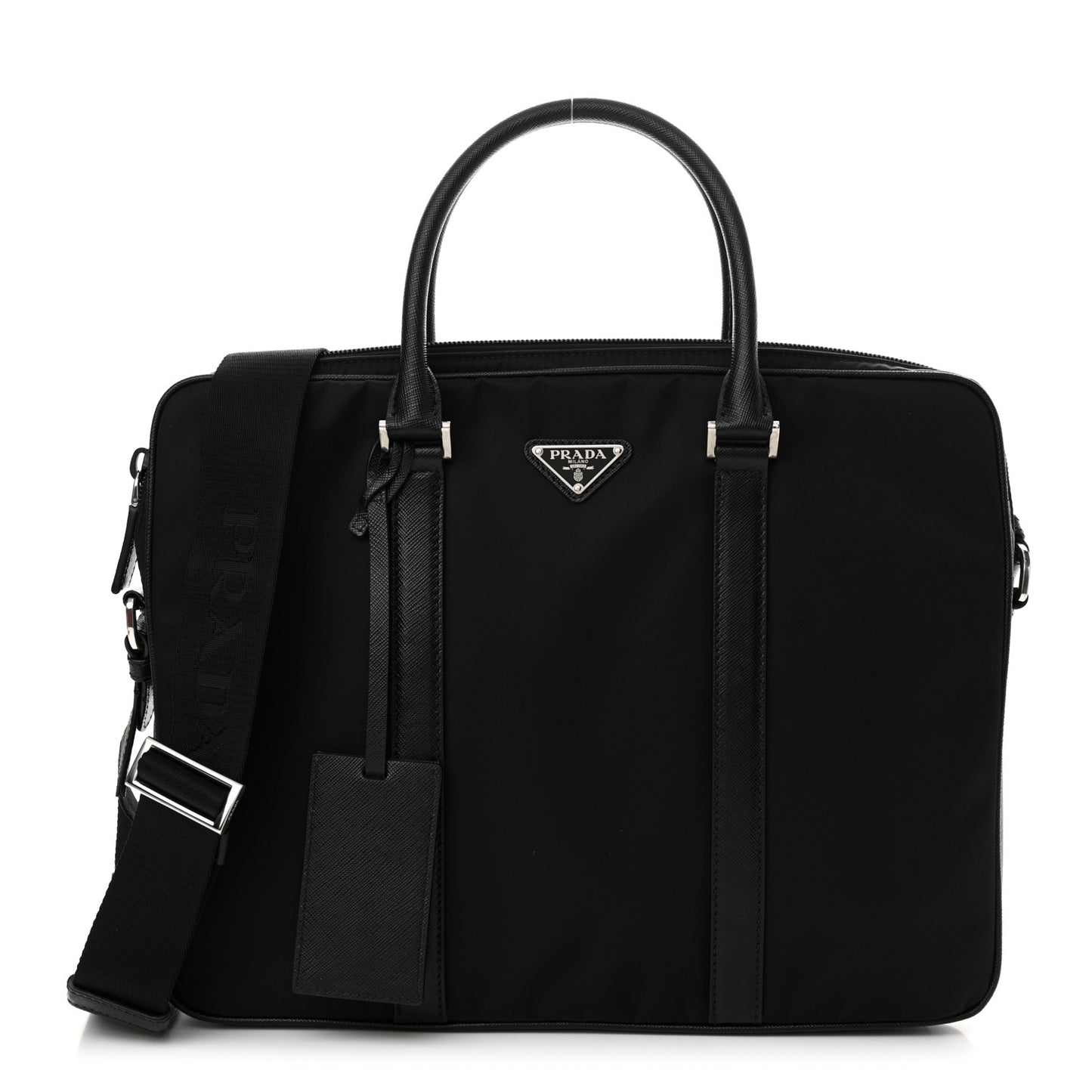 Tessuto Nylon Saffiano Metal Triangle Logo Work Bag Black