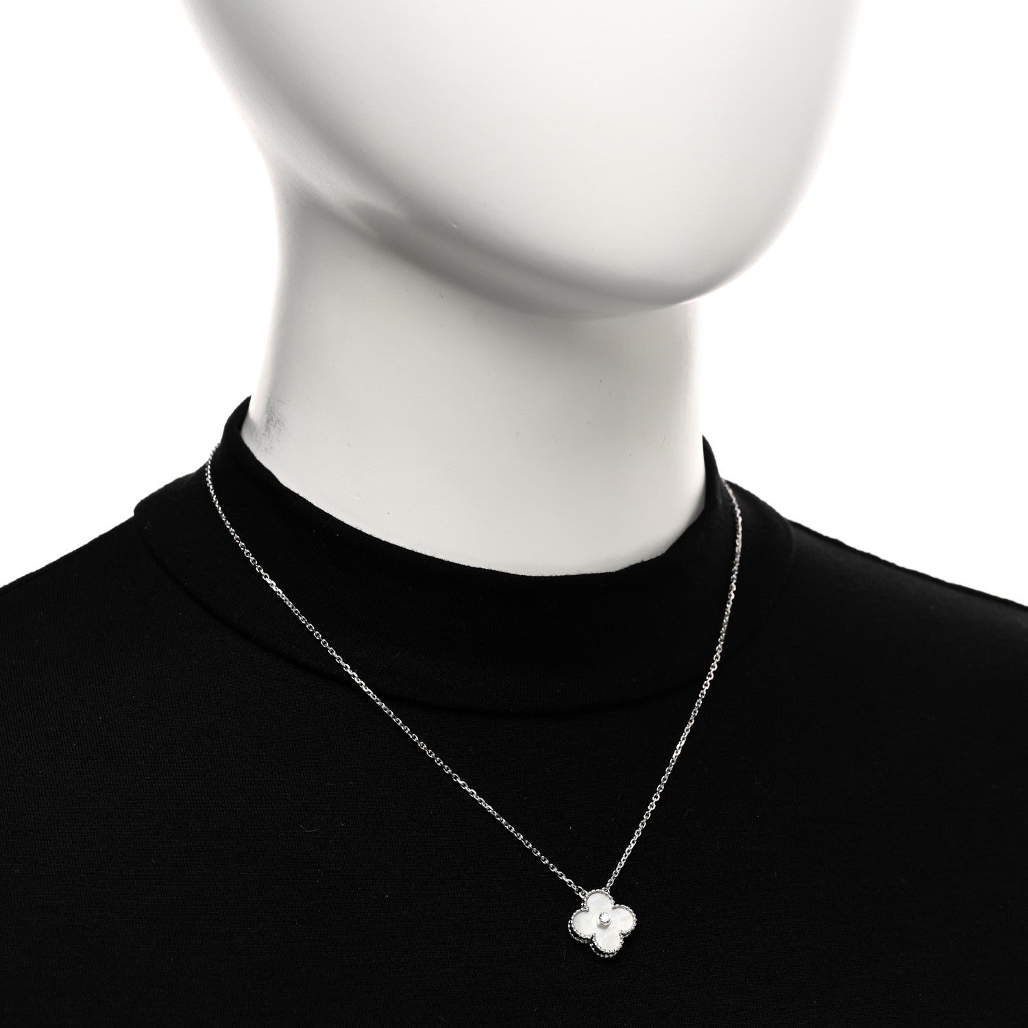 Van Cleef & Arpels 18K White Gold Diamond Mother of Pearl Vintage Alhambra Pendant Necklace 2 of 5