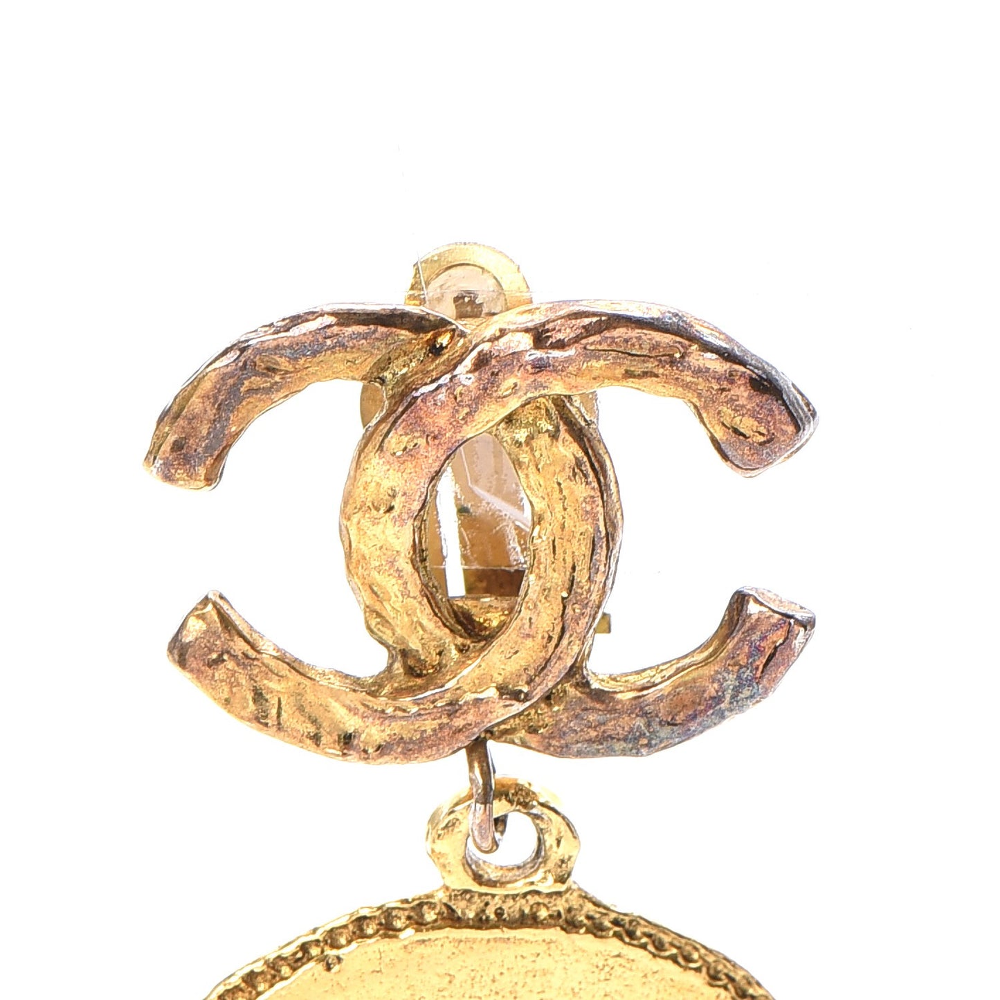 Hammered Medallion CC Dangle Clip On Earrings Gold