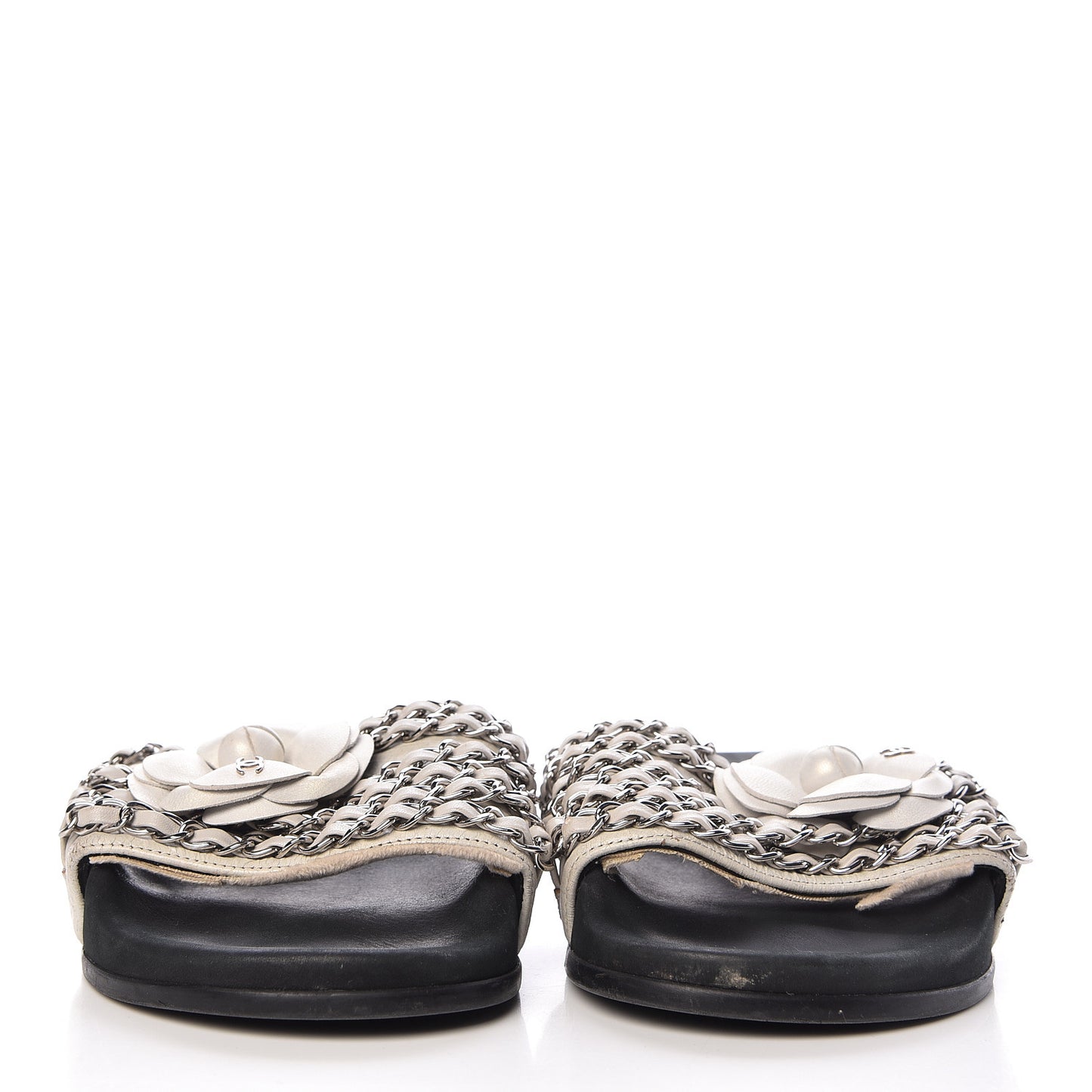 Lambskin Chain Camellia Flat Sandals 36 White