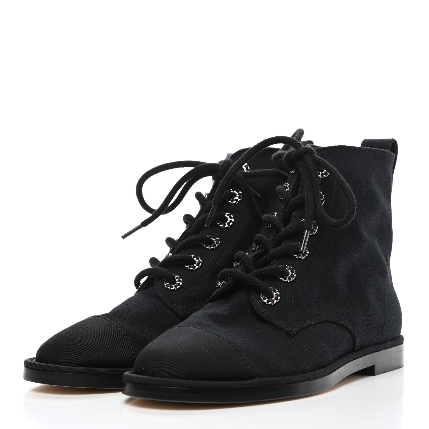 Chanel Cotton Grosgrain Cap Toe CC Lace Up Boots 37 Black 3 of 7
