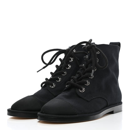 Chanel Cotton Grosgrain Cap Toe CC Lace Up Boots 37 Black 3 of 7