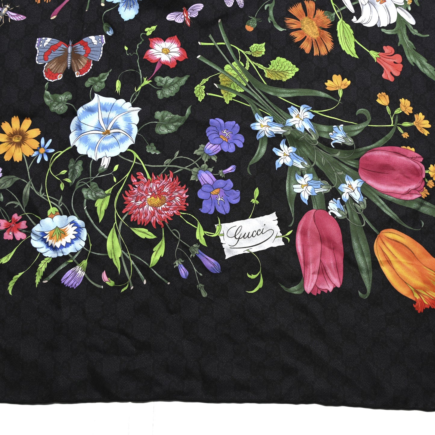 Silk Twill Flora Beauty Square Scarf Black