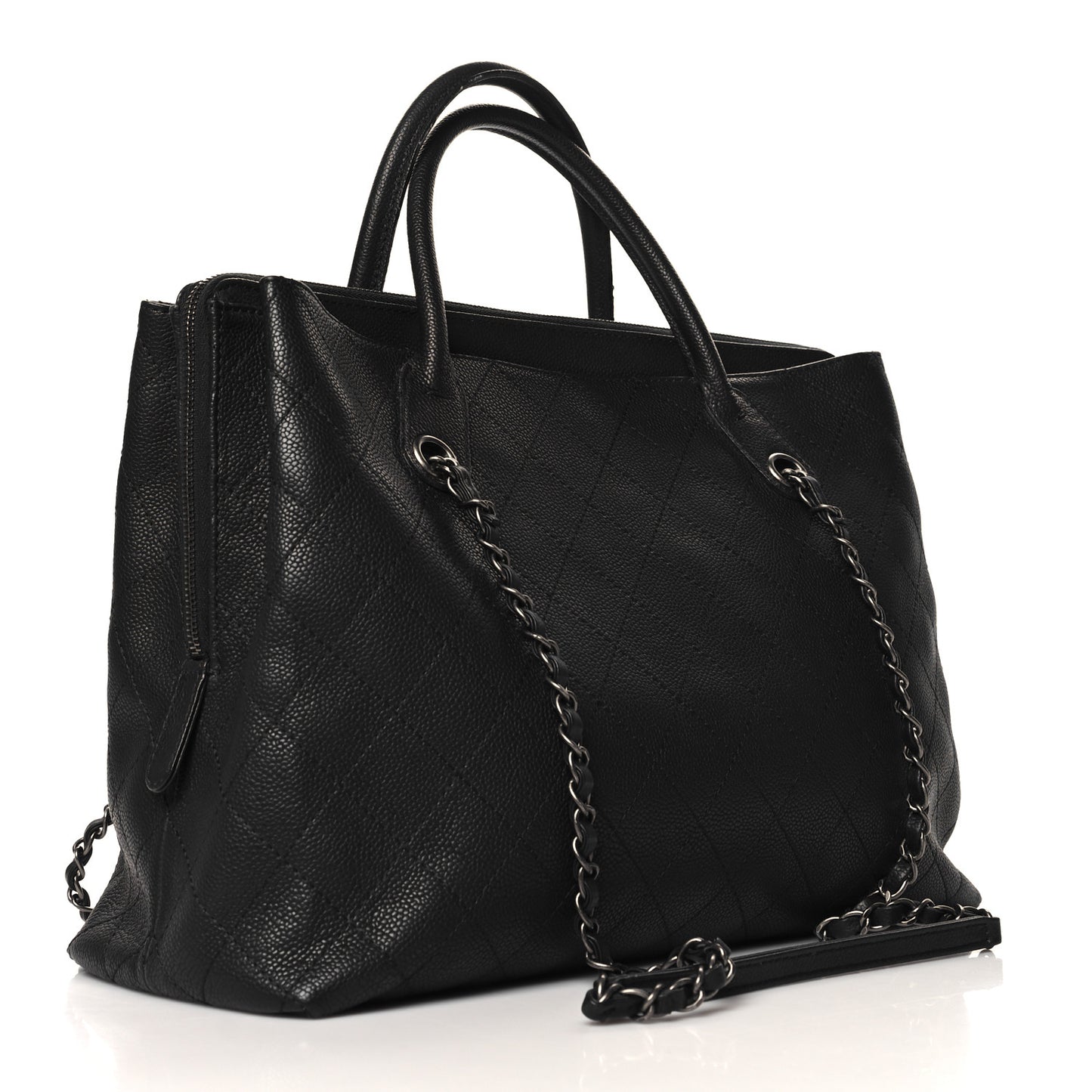 Grained Vegetal Calfskin Stitched Shopping Tote Black