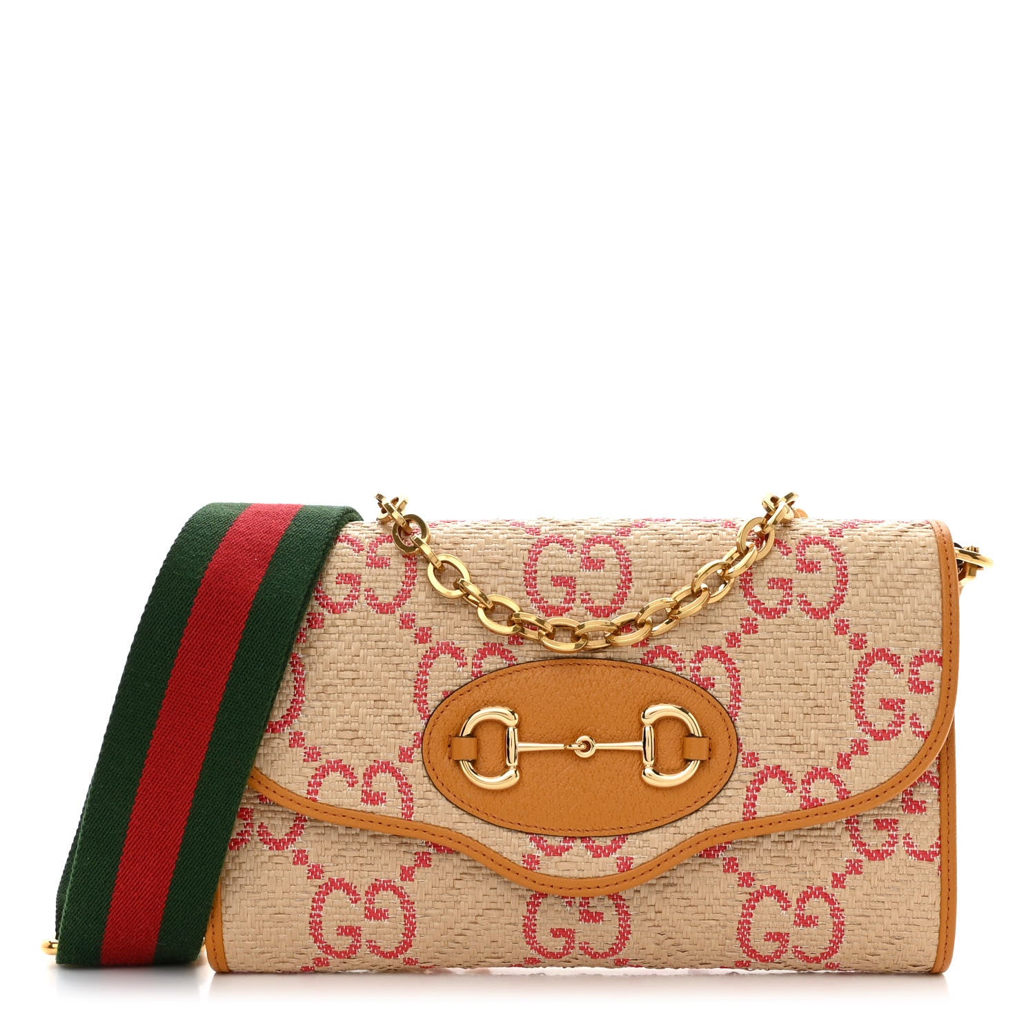 Gucci Raffia Textured Dollar Calfskin GG Monogram Web Small Horsebit 1955 Crossbody Bag Natural Bright Hibiscus Sun Oil 1 of 12